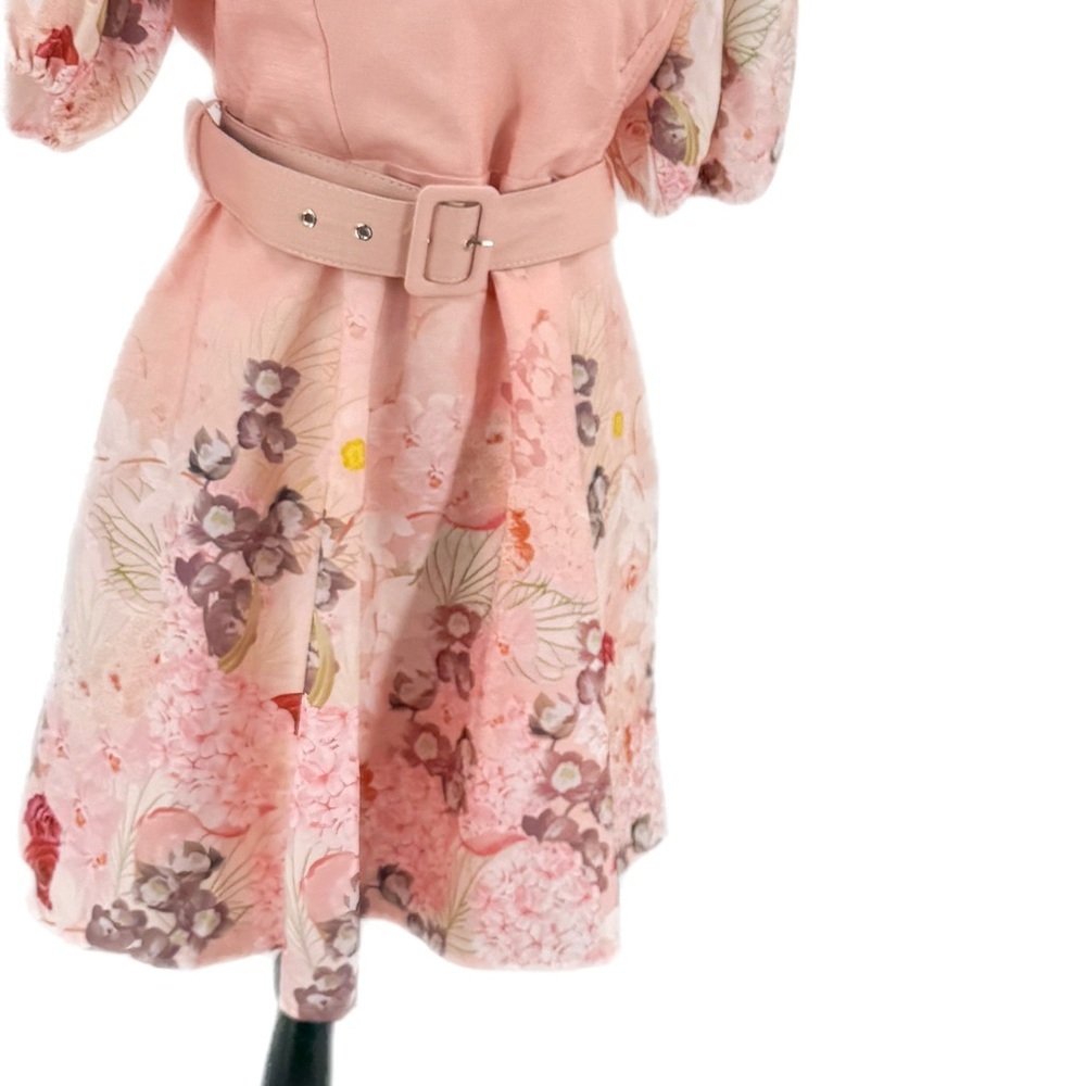 INA Pink Floral Puff Sleeve Belted Mini Dress | Romantic Spring Garden Party - Picture 9 of 10